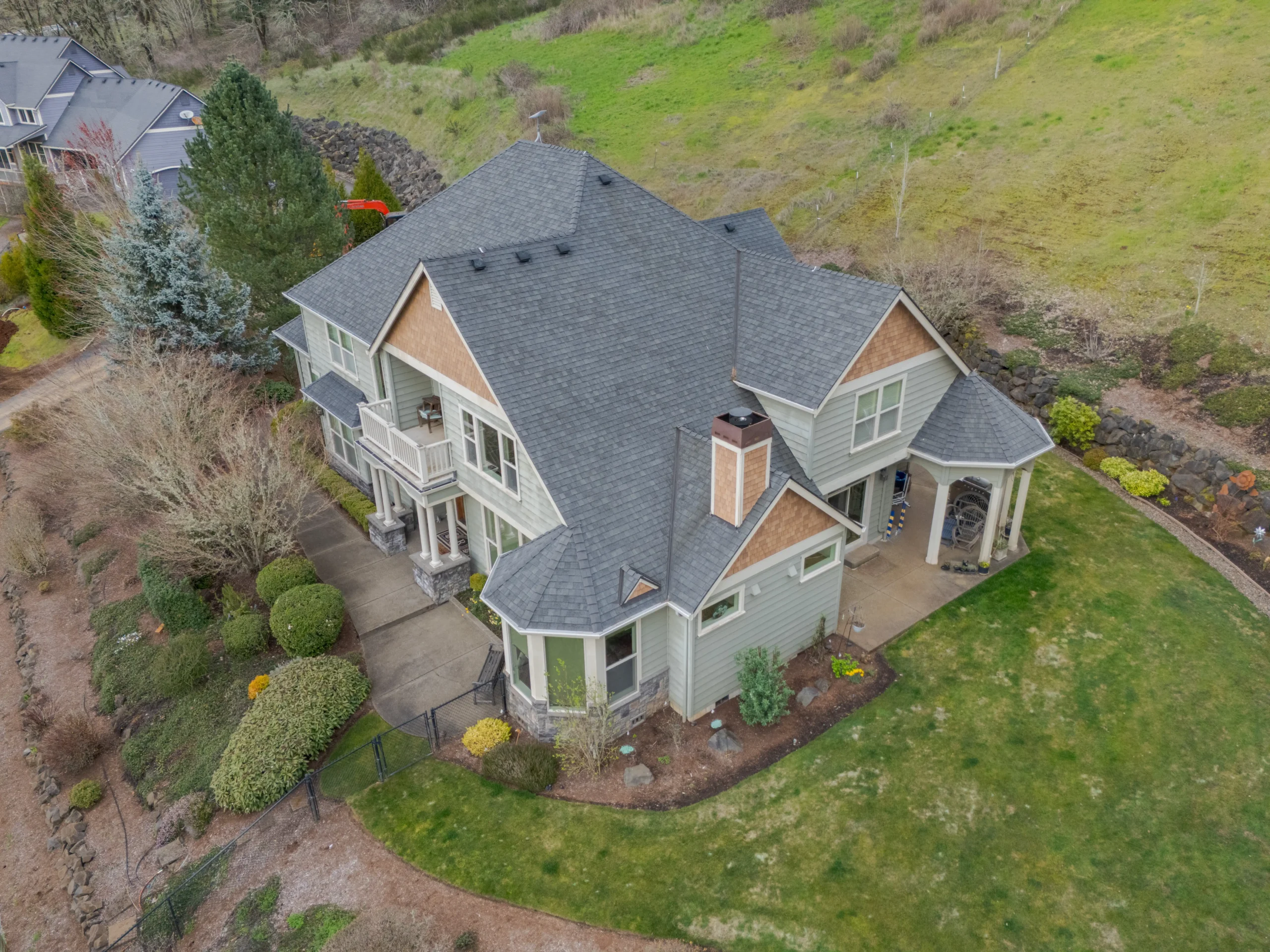 Aerial view of a completed residential roof by Clark Exteriors